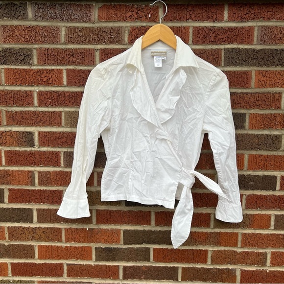 Coldwater Creek Tops - Coldwater Creek White Collared Ruffled Front Wrap Blouse